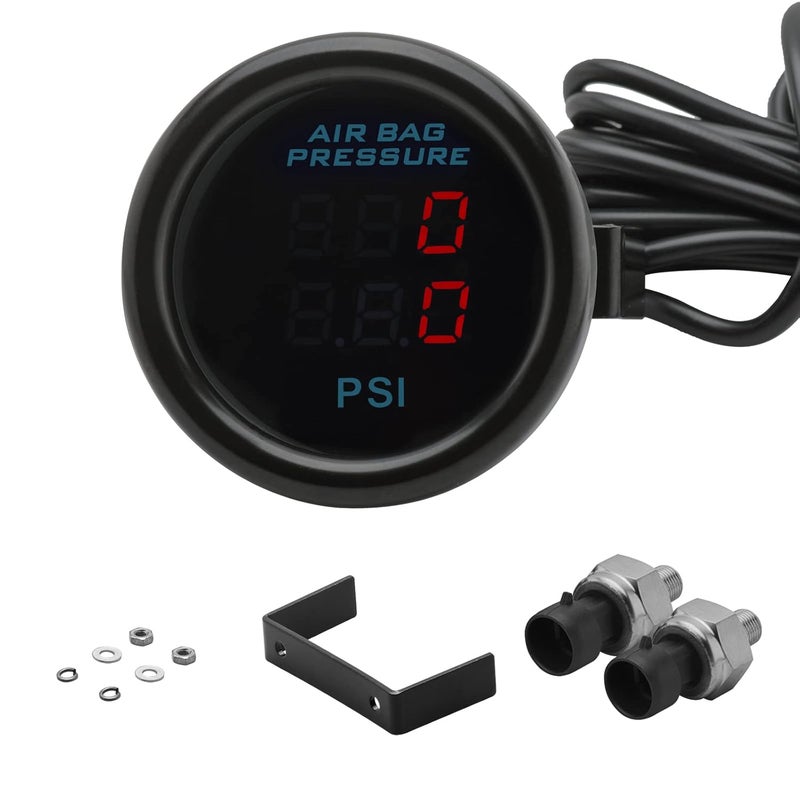 CNRAQR Dual Display Air Suspension Gauge Air Ride Air Pressure Gauge 2Inch 0-220PSI with 2Pcs 1/8NPT Sensors and 16.5ft Sensor Cable LCD Red - Image 1